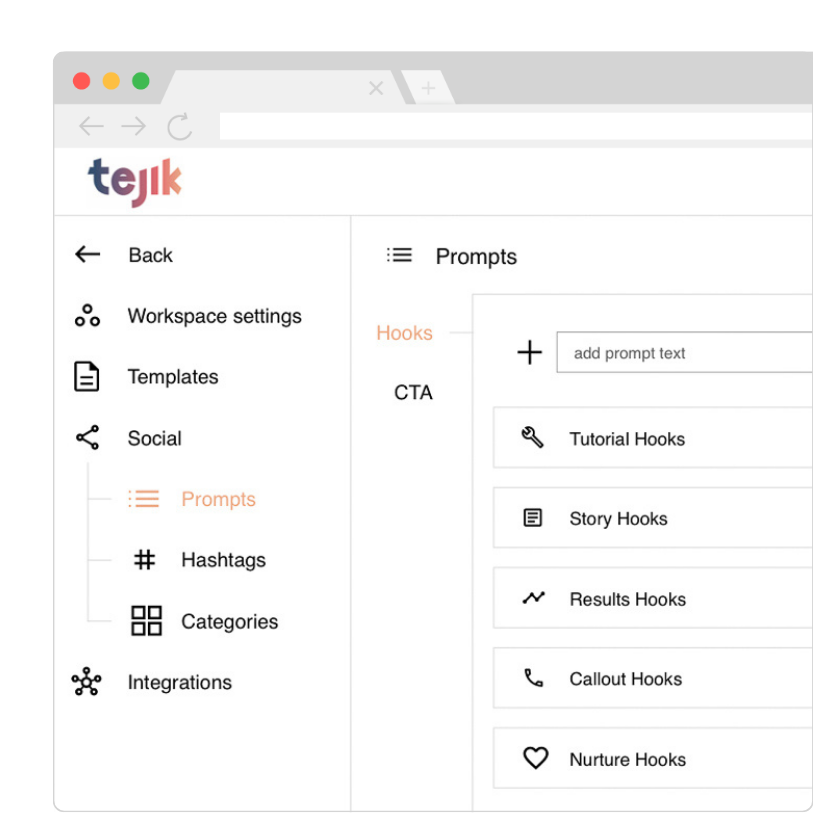 Browser view of Tejik app design workspace settings