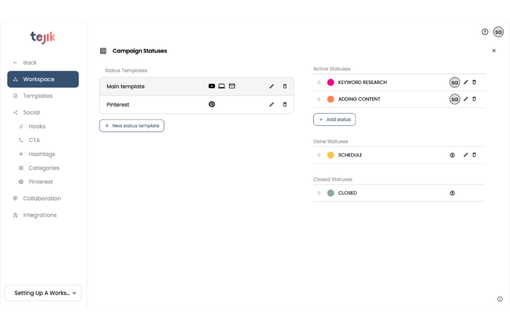 Tejik app Status settings page